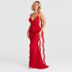 Rosette Ruffle Backless Maxi Dress - Red