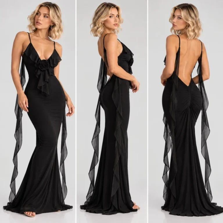 Rosette Ruffle Backless Maxi Dress - Black