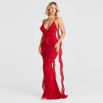 Rosette Ruffle Backless Maxi Dress - Red