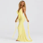 Rosette Ruffle Backless Maxi Dress - Yellow