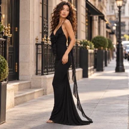 Rosette Ruffle Backless Maxi Dress - Black