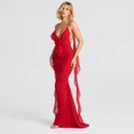 Rosette Ruffle Backless Maxi Dress - Red