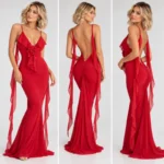 Rosette Ruffle Backless Maxi Dress - Red