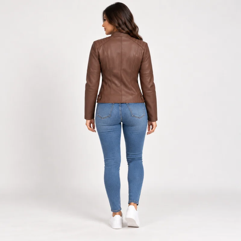 Coffee brown PU leather moto jacket with stand collar and zippered pockets.